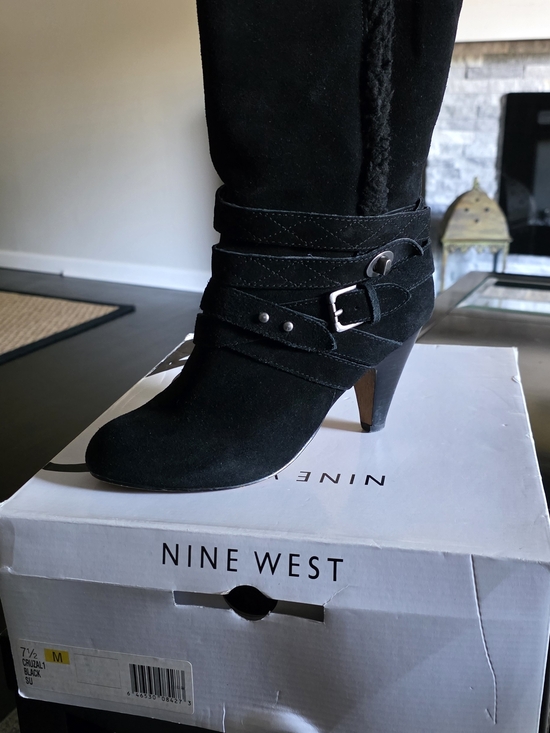 Nine West Shoes - Nine West Black Suede Buckle Strap Mid-Heel Ankle Boots